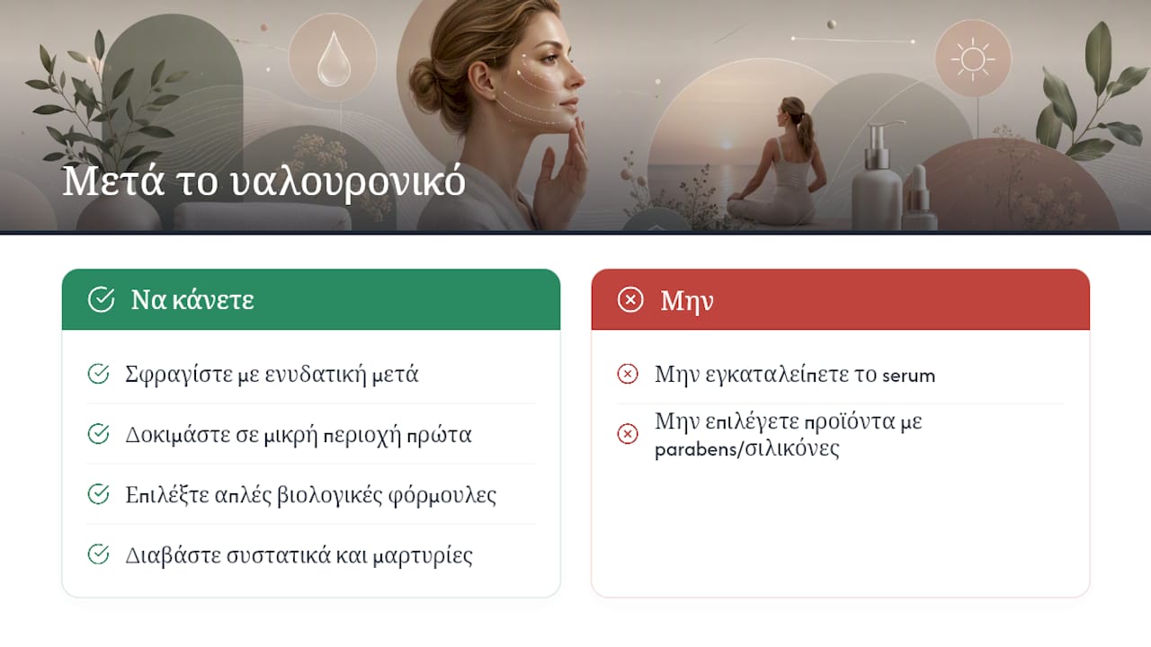 Η άποψη της Eneleo για τη σωστή φροντίδα μετά το υαλουρονικό — overview diagram