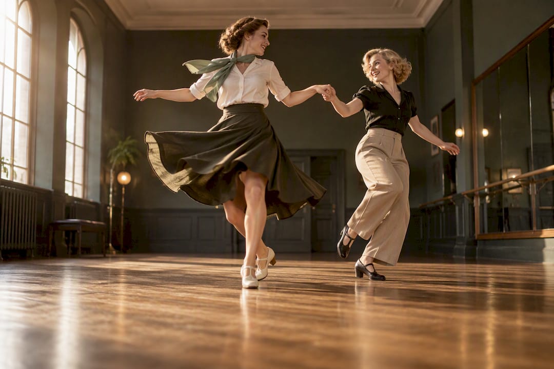 Δύο γυναίκες χορεύουν swing σε έναν χώρο στούντιο