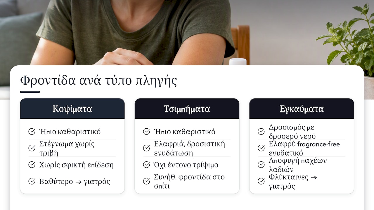Διαφορετική φροντίδα για κοψίματα, τσιμπήματα και επιφανειακά εγκαύματα — overview diagram